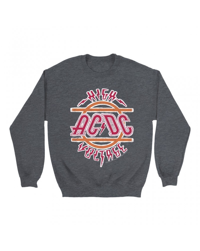 AC/DC Sweatshirt | Retro Red And Orange High Voltage Distressed Sweatshirt $16.43 Sweatshirts