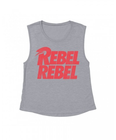 David Bowie Ladies' Muscle Tank Top | Rebel Rebel Logo Distressed Shirt $11.20 Shirts