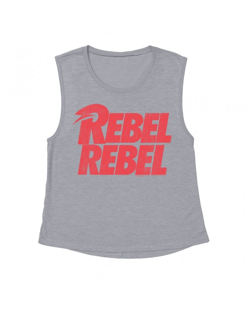 David Bowie Ladies' Muscle Tank Top | Rebel Rebel Logo Distressed Shirt $11.20 Shirts