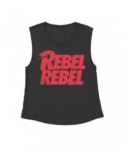 David Bowie Ladies' Muscle Tank Top | Rebel Rebel Logo Distressed Shirt $11.20 Shirts