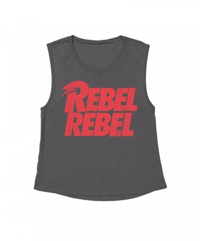 David Bowie Ladies' Muscle Tank Top | Rebel Rebel Logo Distressed Shirt $11.20 Shirts