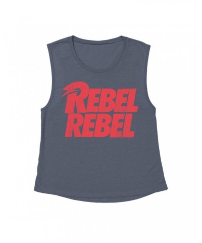 David Bowie Ladies' Muscle Tank Top | Rebel Rebel Logo Distressed Shirt $11.20 Shirts