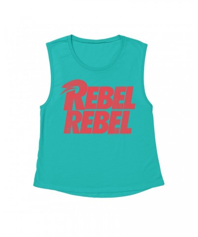 David Bowie Ladies' Muscle Tank Top | Rebel Rebel Logo Distressed Shirt $11.20 Shirts