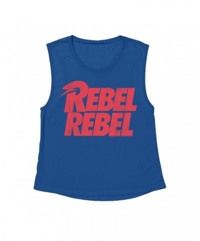 David Bowie Ladies' Muscle Tank Top | Rebel Rebel Logo Distressed Shirt $11.20 Shirts