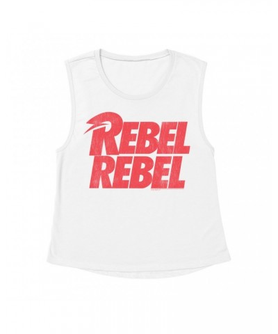 David Bowie Ladies' Muscle Tank Top | Rebel Rebel Logo Distressed Shirt $11.20 Shirts